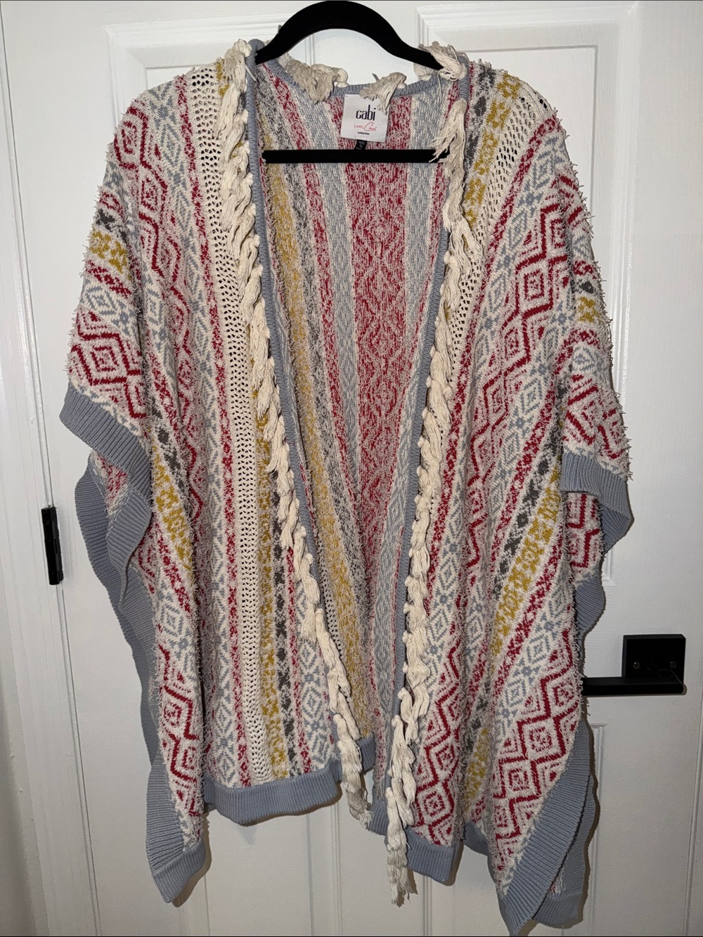 CAbi Multi-Color Knit Poncho with Braided Trim - Red, Gray, Cream, Yellow